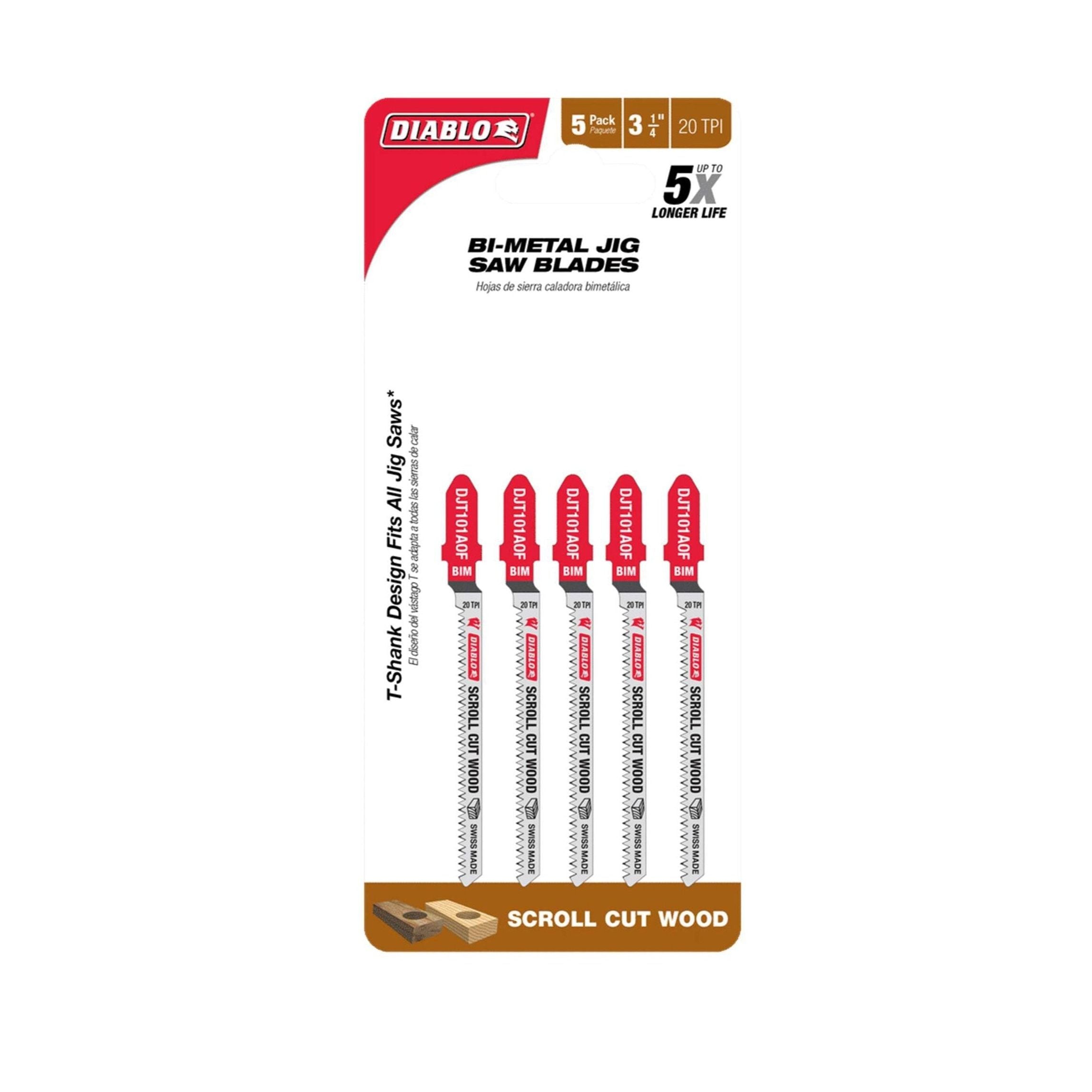 The DIABLO DJT101AOF5 3-1/4 in. 20TPI Bi-Metal Jig Saw Blades 5-Pack is ideal for scroll cut wood, featuring a T-shank design and ultra-hardened cutting edge for intricate cuts. Promising 5x Longer Life, it fits all jig saws seamlessly.